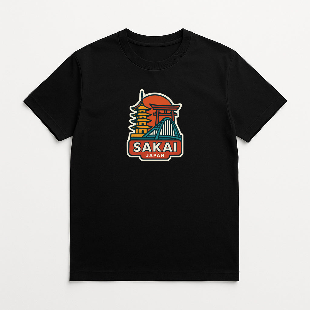 A black t-shirt with a graphic design featuring a temple and a bridge, along with the text "SAKAI JAPAN" printed on it.