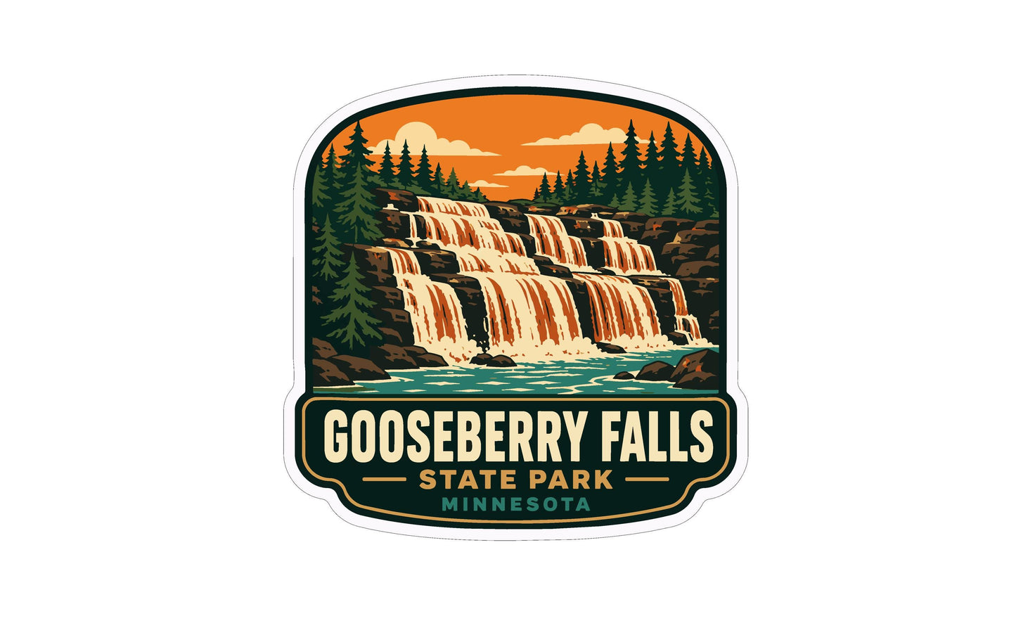 A sticker depicting the scenic falls of Gooseberry Falls State Park in Minnesota, with a waterfall cascading down a rocky cliff surrounded by pine trees and a vibrant orange sky.