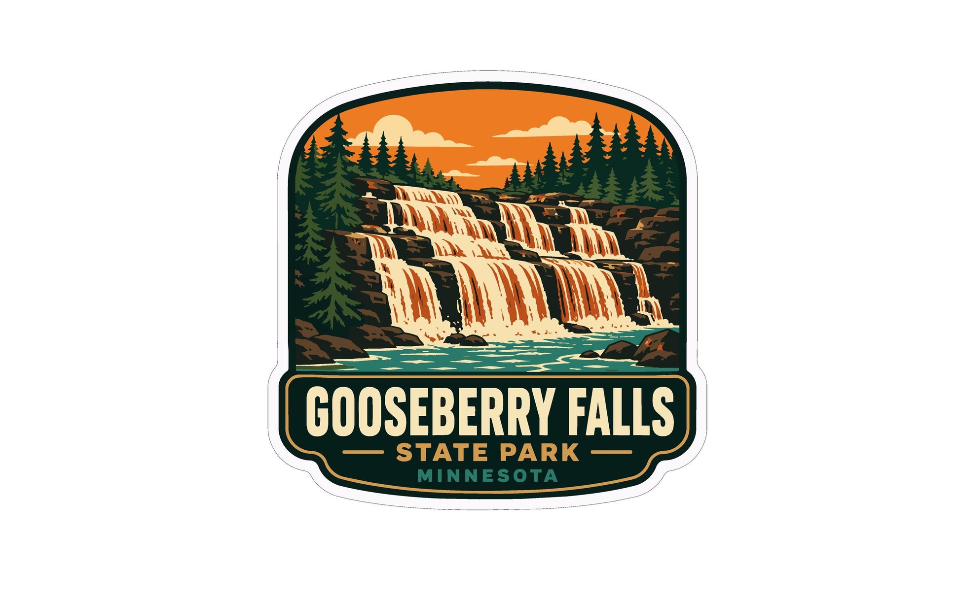 A sticker depicting the scenic falls of Gooseberry Falls State Park in Minnesota, with a waterfall cascading down a rocky cliff surrounded by pine trees and a vibrant orange sky.