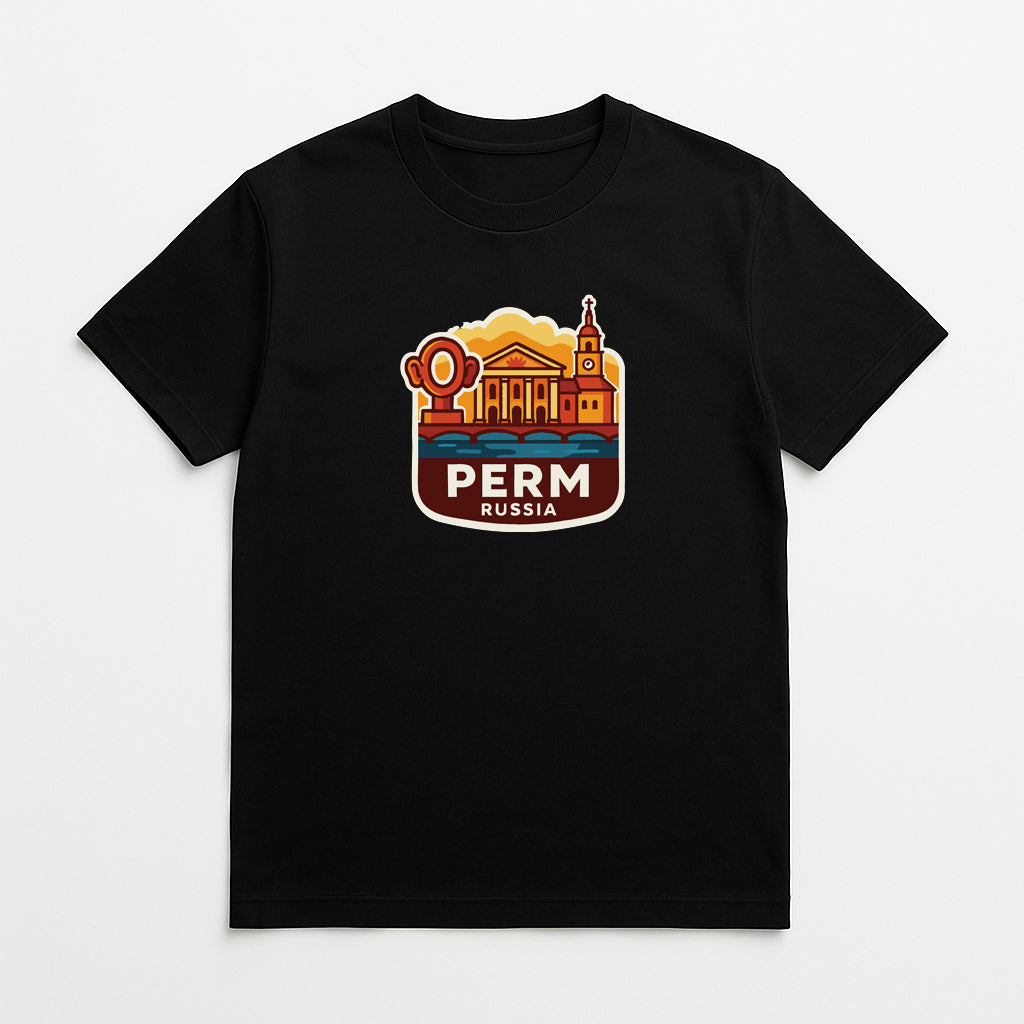 A black t-shirt with a graphic design depicting a city skyline and the text "PERM RUSSIA" printed on it.