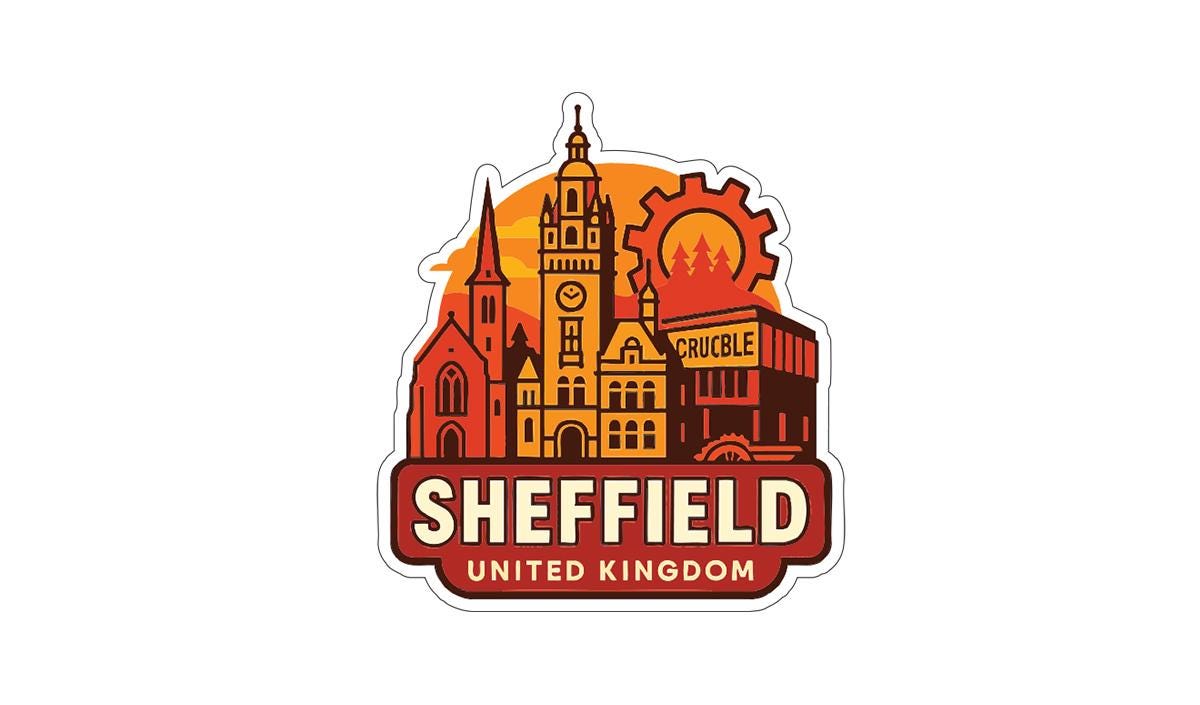 a stylized illustration of the city of Sheffield, United Kingdom, with various landmarks and buildings depicted in a vibrant, colorful design.