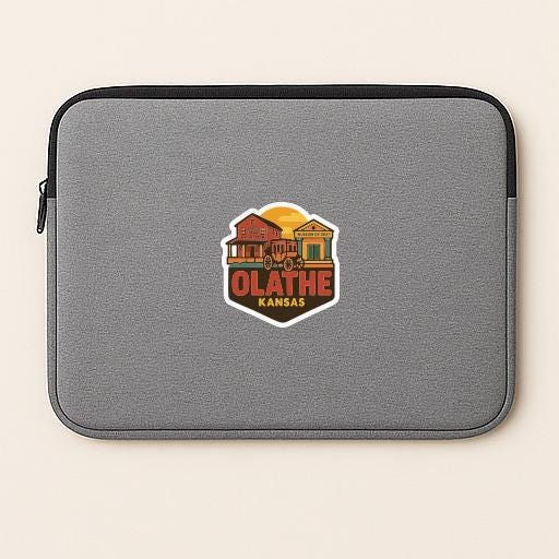 A gray laptop sleeve with a sticker depicting a colorful illustration of a town or city.
