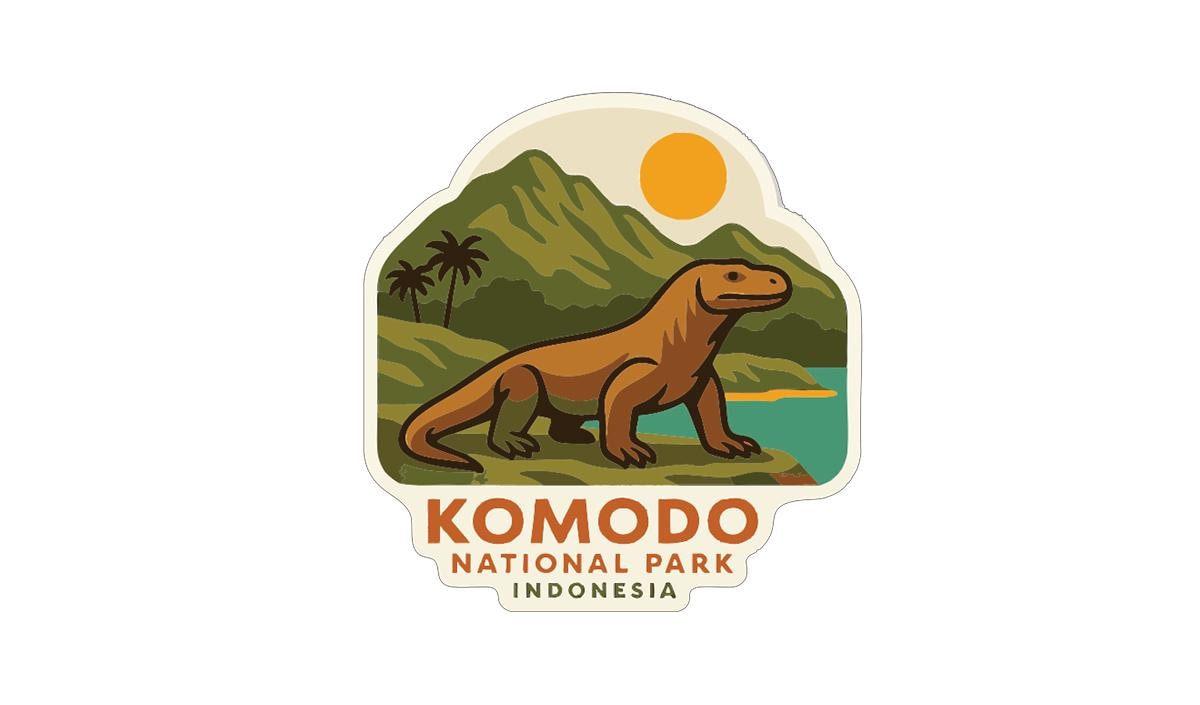 a sticker or emblem with a komodo dragon illustration, surrounded by a tropical landscape with palm trees, mountains, and a sun.