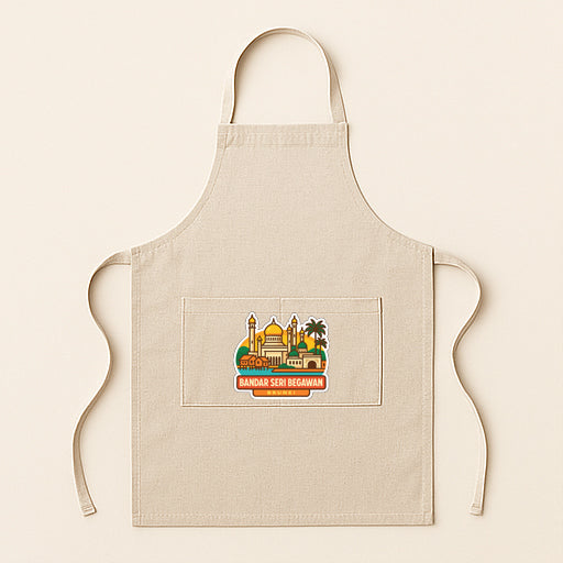 A beige apricot with a graphic design of a city skyline on the front pocket.