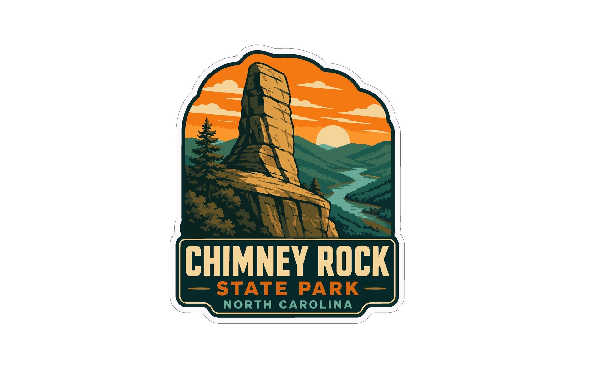 a sticker or logo for Chimney Rock State Park in North Carolina. The sticker depicts a scenic landscape with a tall rock formation, a river, and a sunset in the background.