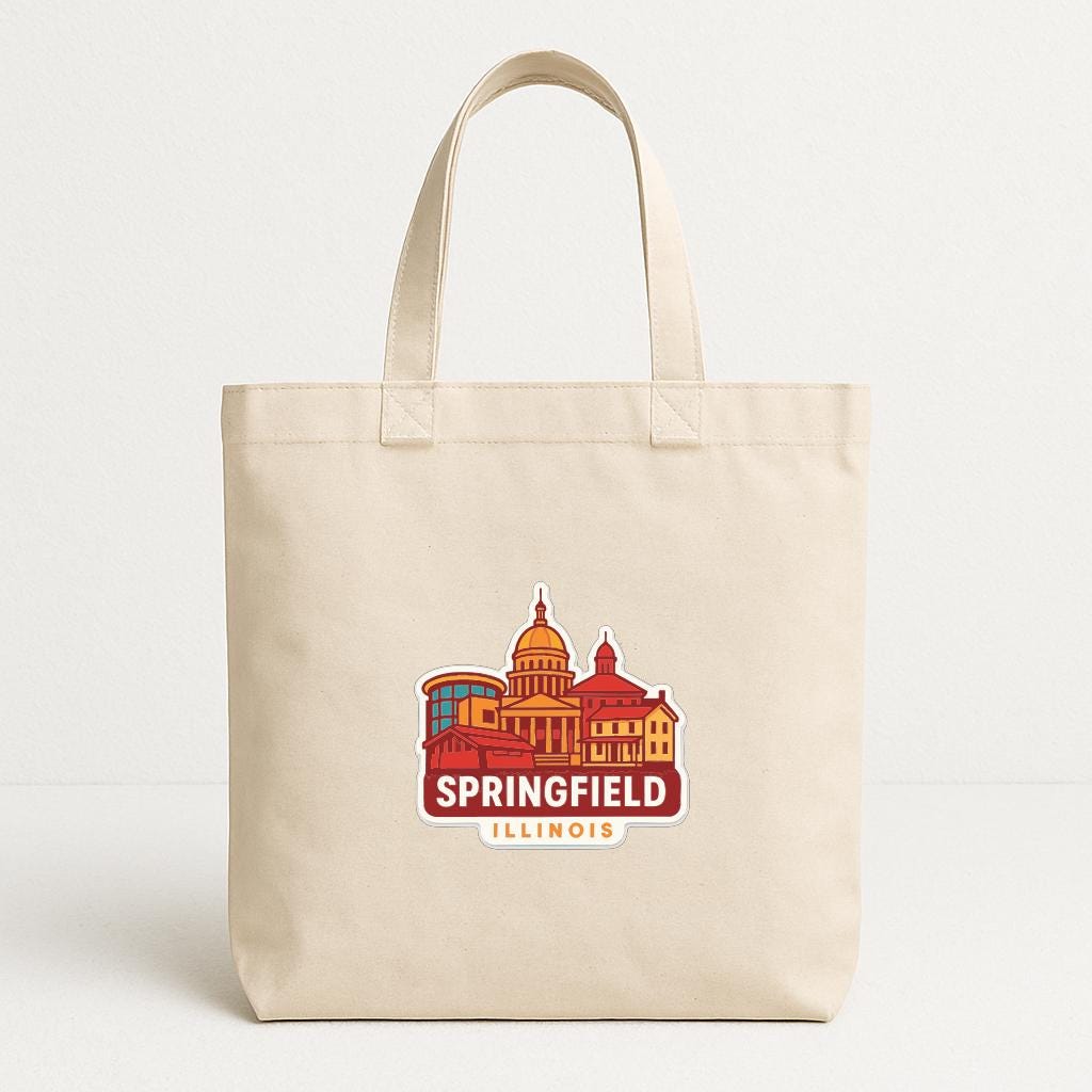 A beige tote bag with a graphic design featuring the city of Springfield, Illinois.