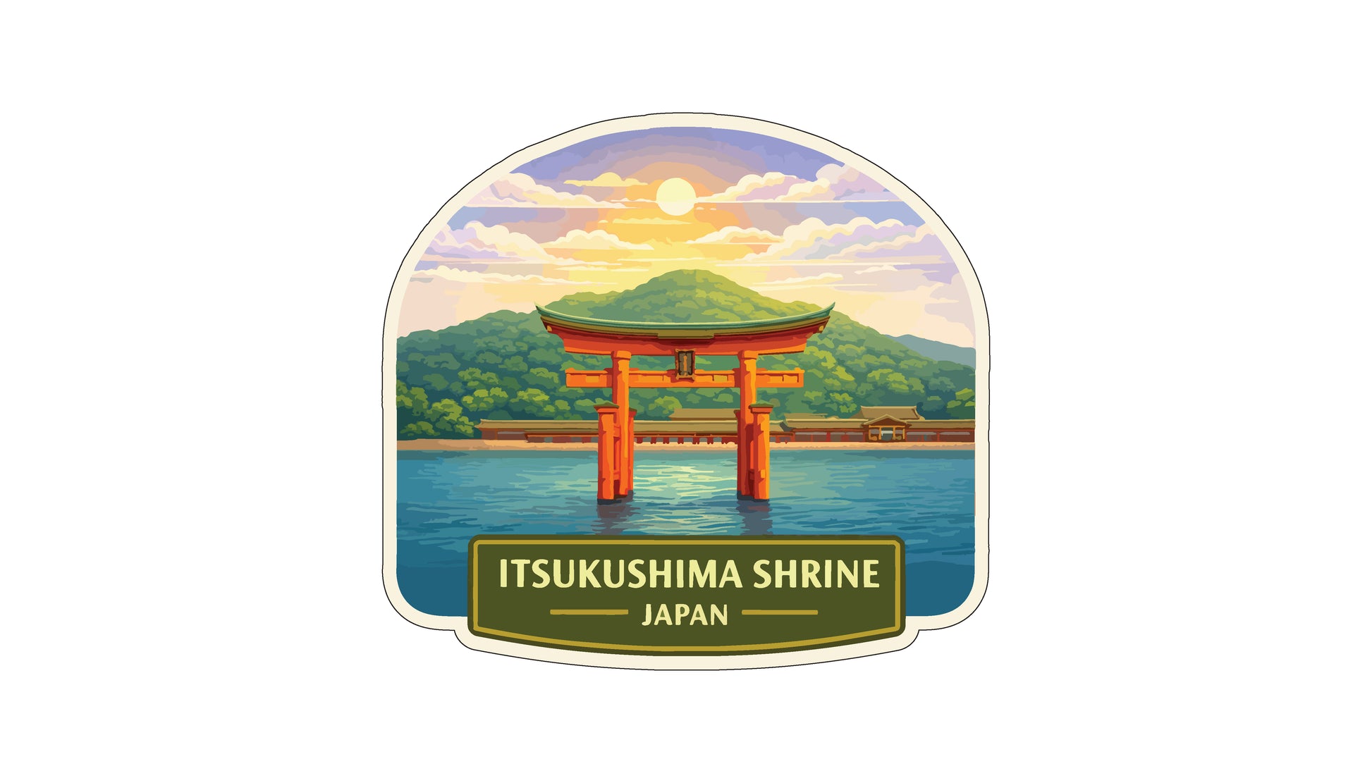 a scenic view of the Itsukushima shrine in Japan, with a traditional Japanese torii gate in the foreground and a picturesque landscape with mountains and a body of water in the background.