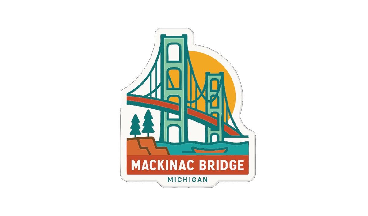 A sticker depicting the Mackinac Bridge in Michigan, with the bridge's distinctive towers and suspension cables prominently featured.