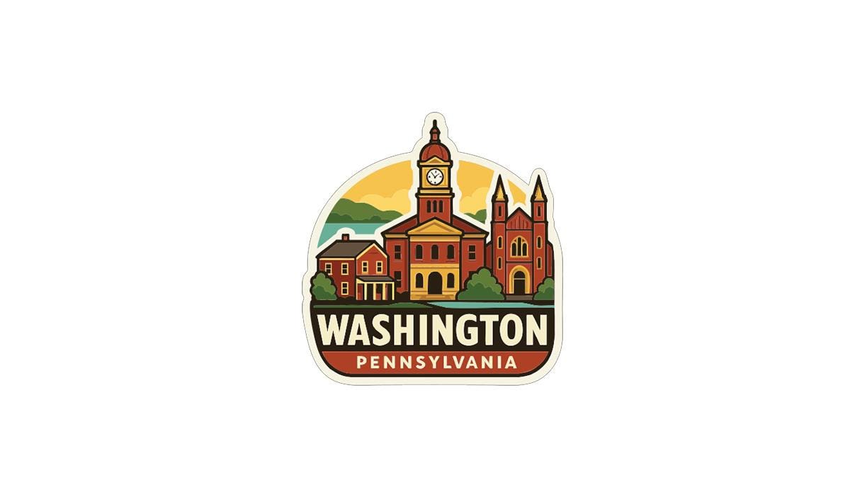 A stylized illustration of Washington, Pennsylvania, featuring a clock tower, buildings, and a scenic landscape.