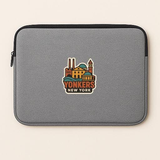 A gray laptop sleeve with a colorful graphic of a city skyline and the text "YONKERS NEW YORK" printed on it.