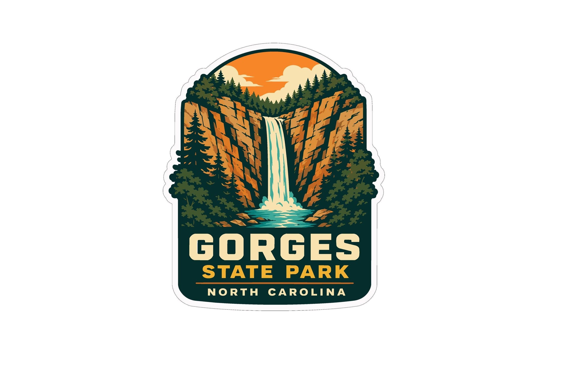 A sticker or emblem featuring a waterfall surrounded by trees and mountains, with the text "GORGES STATE PARK NORTH CAROLINA" prominently displayed.