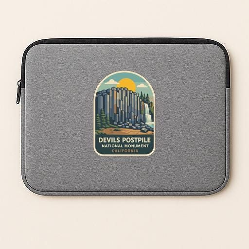 A gray laptop sleeve with a sticker depicting the Devils Postpile National Monument in California.