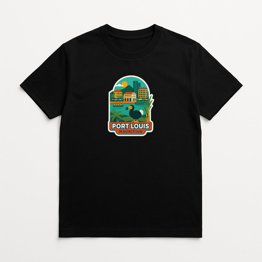 A black t-shirt with a graphic design depicting a cityscape and the text "PORT LOUIS" prominently displayed.