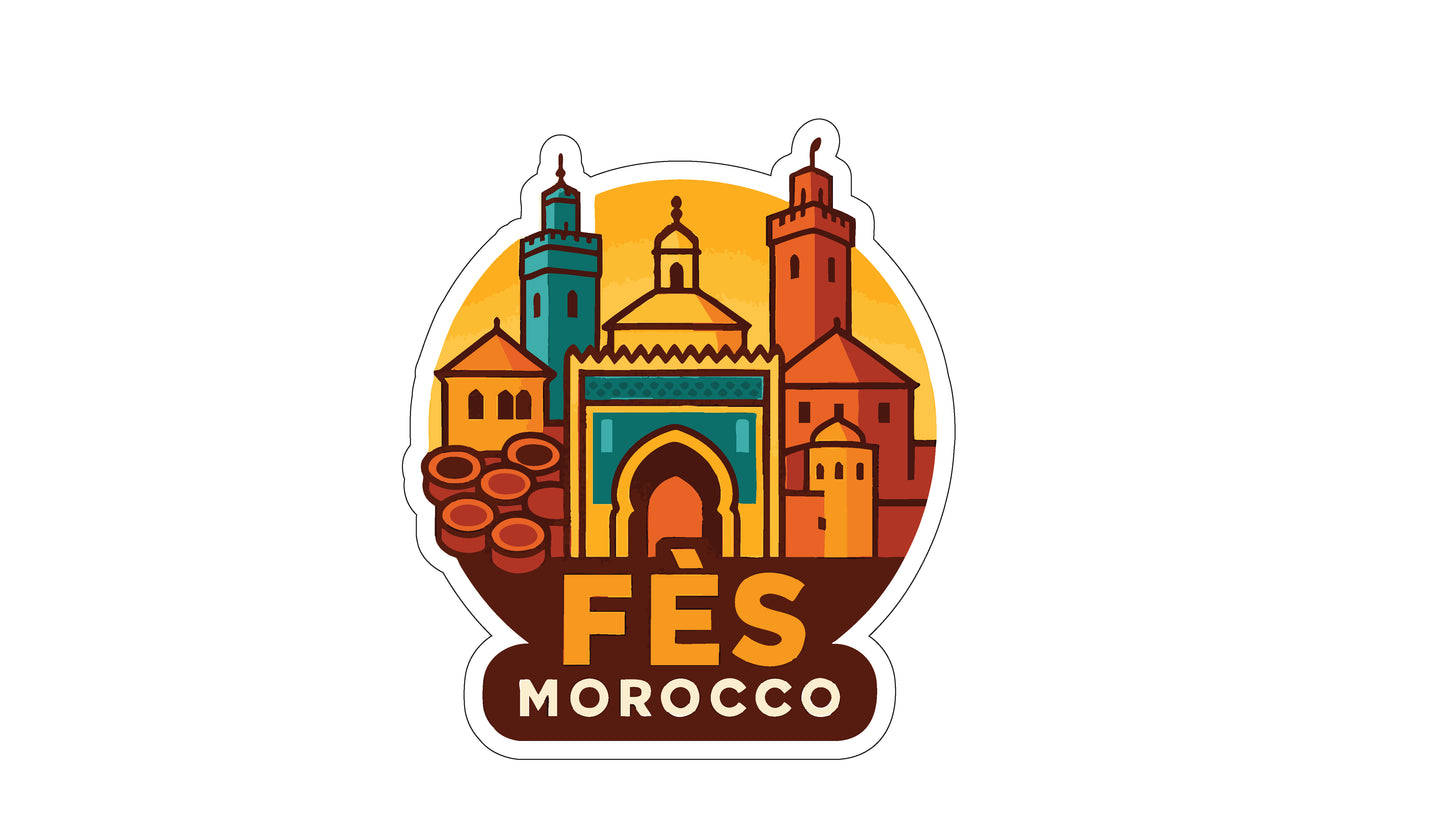 a stylized illustration of a cityscape with a prominent archway, surrounded by various buildings and structures. The text "FES MOROCCO" is prominently displayed in the center of the image.