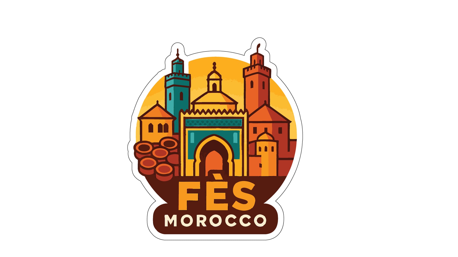 a stylized illustration of a cityscape with a prominent archway, surrounded by various buildings and structures. The text "FES MOROCCO" is prominently displayed in the center of the image.