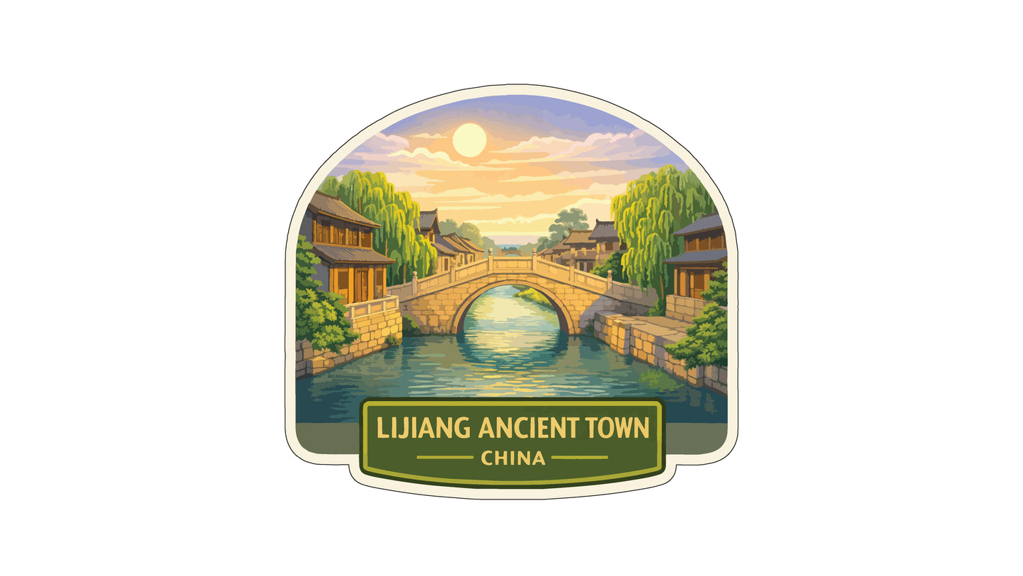 a scenic view of the ancient town of Lijiang, China, with a bridge spanning a river and lush greenery surrounding the area.