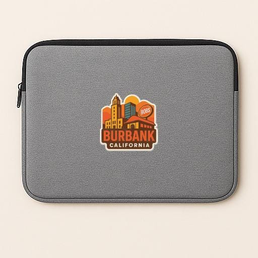 A gray laptop sleeve with a graphic design featuring a cityscape and the text "BURBANK CALIFORNIA".