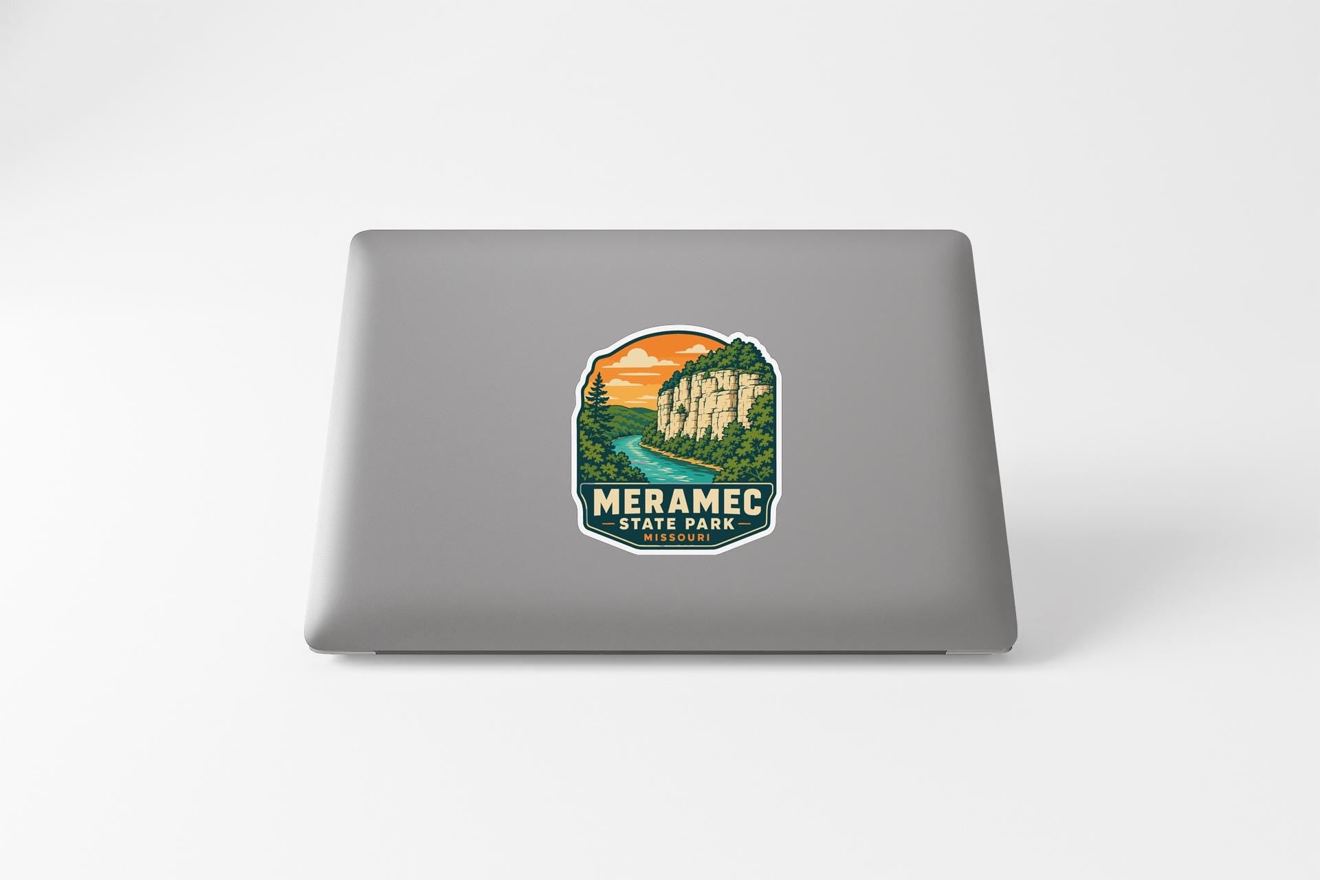 a sticker with a scenic landscape of Meramec State Park, which is a park located in the state of Missouri, United States.