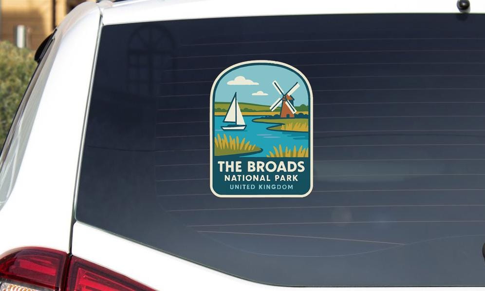 a sticker on the rear window of a car that says "The Broad's National Park United Kingdom".