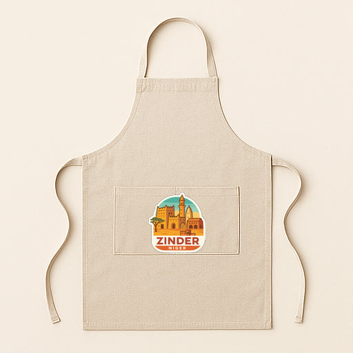 A beige apricot with a graphic of a city skyline and the text "ZINDER" printed on it.