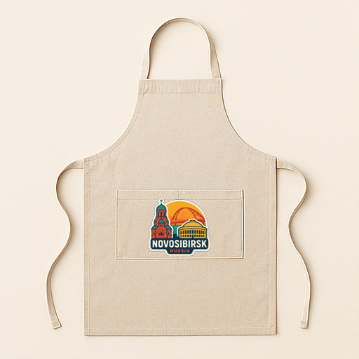 A beige apricot with a graphic of a building and a sun on it, representing the city of Novosibirsk.