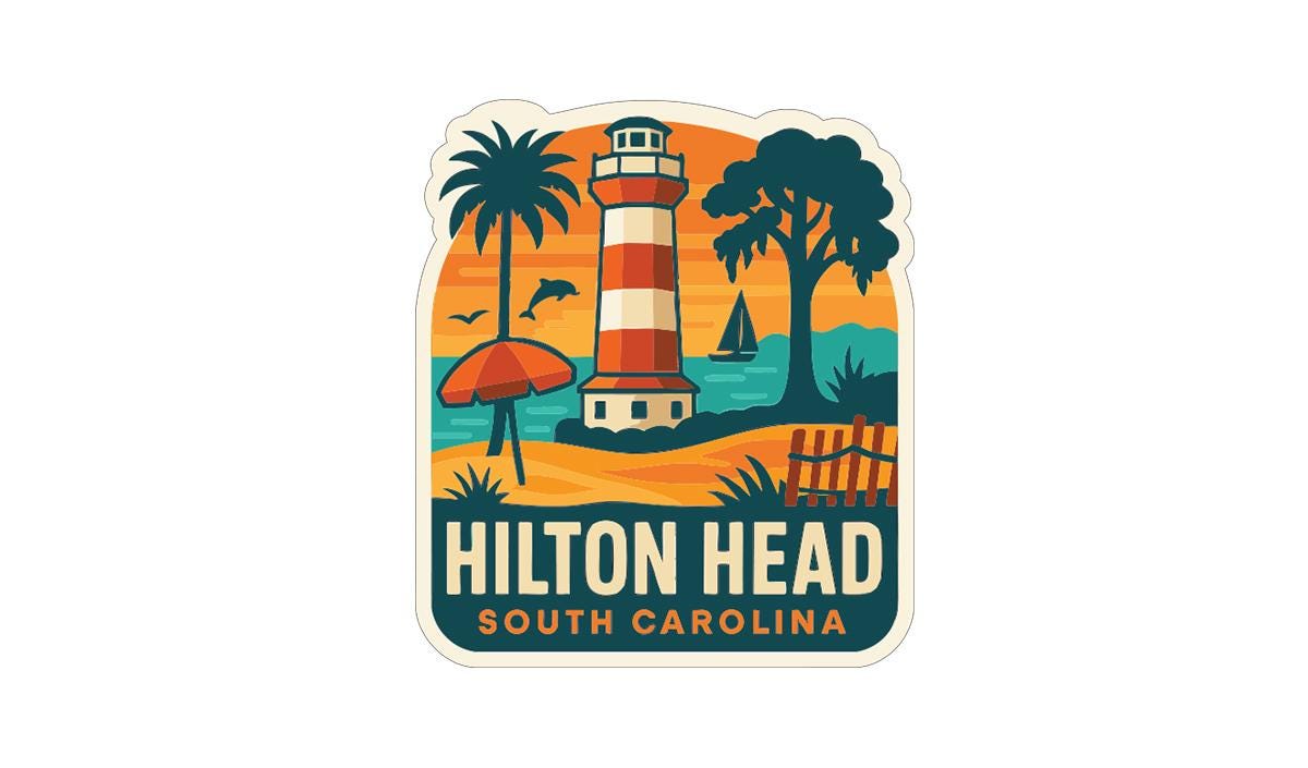 A sticker or label featuring a lighthouse, palm trees, a beach, and a sunset, with the text "Hilton Head South Carolina" prominently displayed.