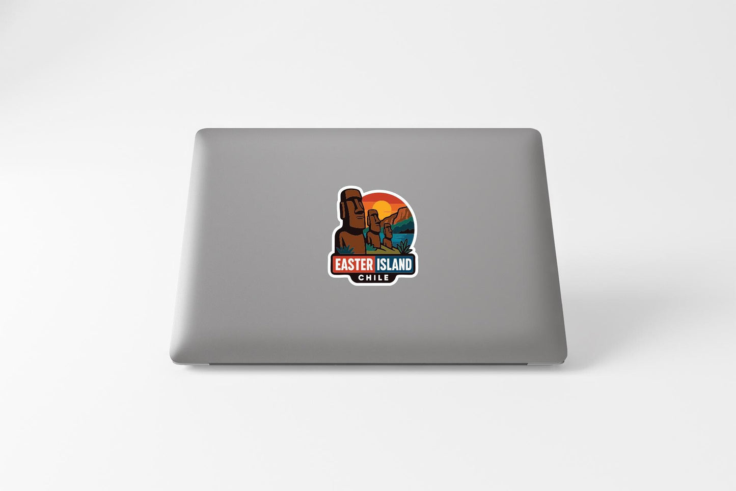 a sticker on the back of a laptop that says "Easter Island Chile".