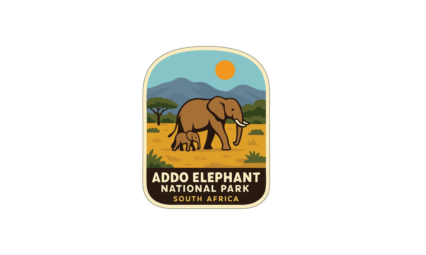 an illustration of an elephant and a baby elephant in a natural setting, with mountains in the background and a sun in the sky.