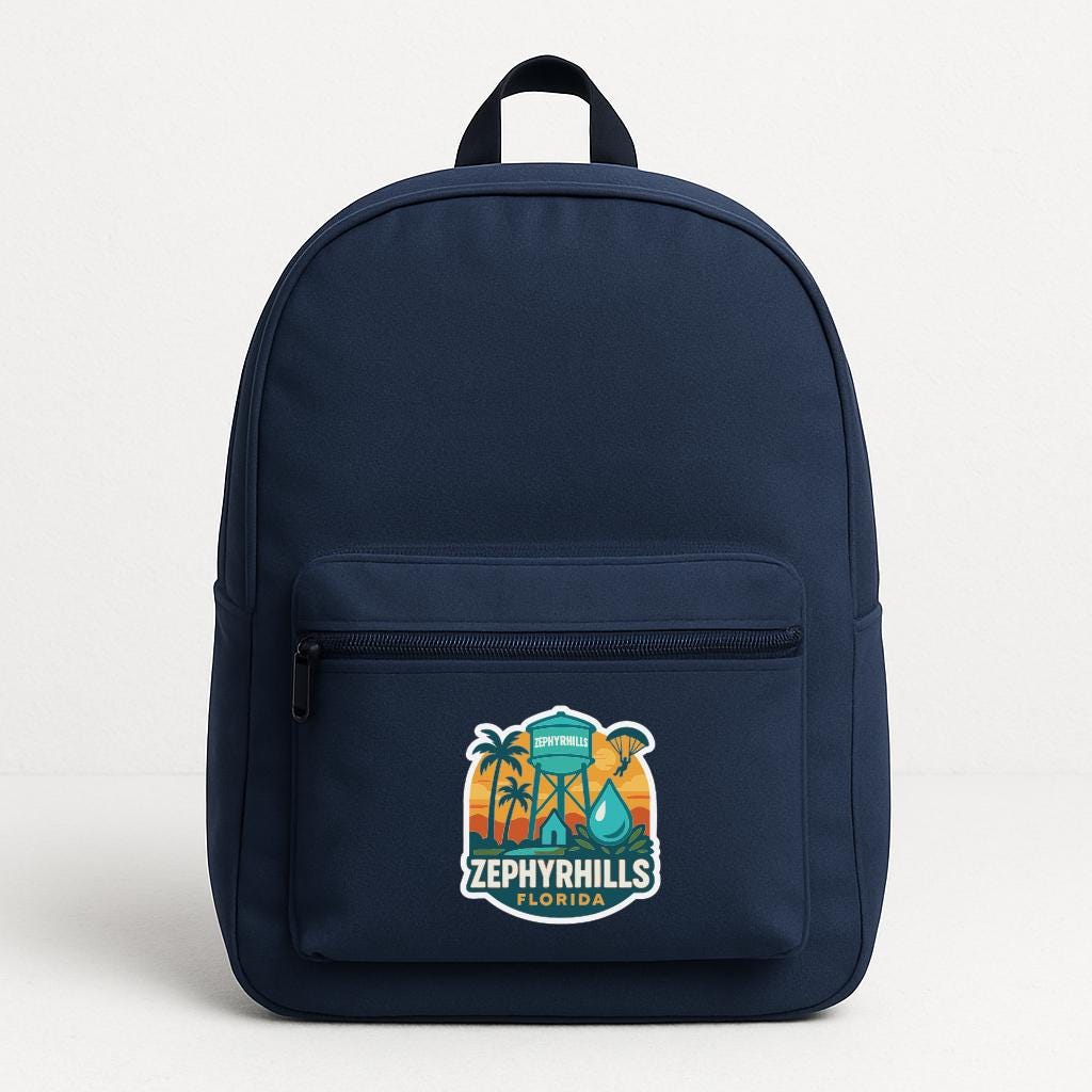 A navy blue backpack with a logo and text on the front pocket.