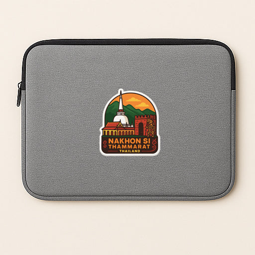 A gray laptop sleeve with a colorful sticker depicting a temple and mountains.