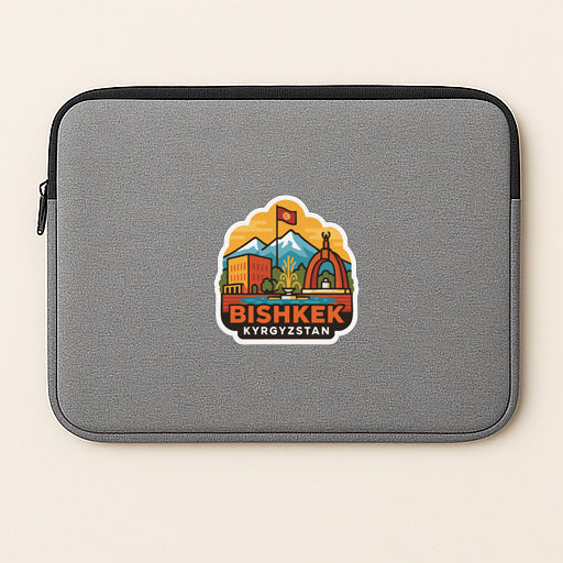 a gray laptop sleeve with a sticker of a cityscape and a flag.