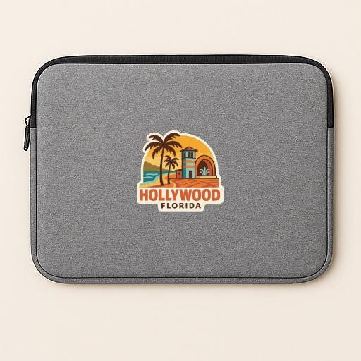 A gray laptop sleeve with a sticker depicting a tropical beach scene and the text "Hollywood, Florida".