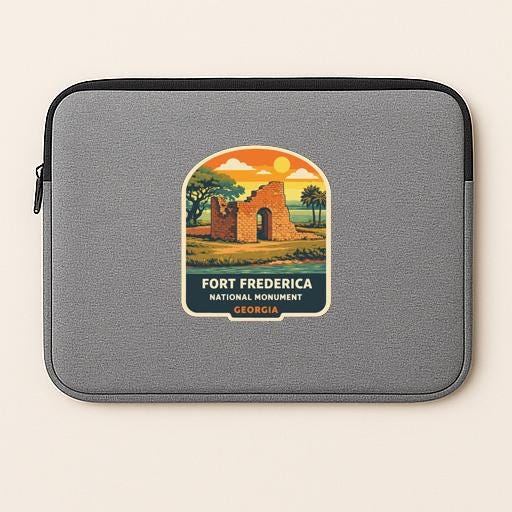 A gray laptop sleeve with a graphic design depicting the Fort Frederick National Monument in Georgia.