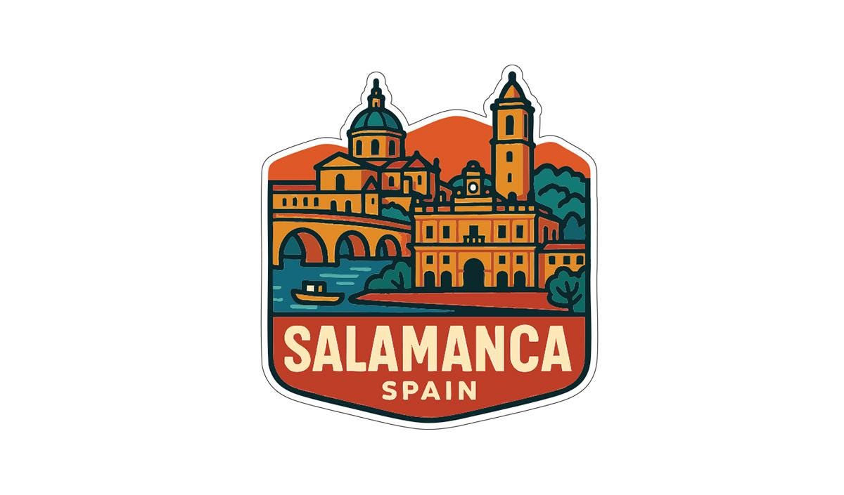 A colorful illustration of the city of Salamanca, Spain, featuring a prominent dome-shaped building, a clock tower, and a river with a boat.