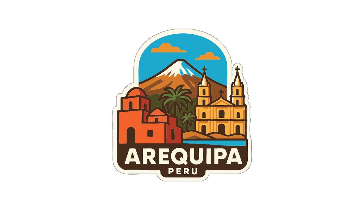 a sticker or emblem with a mountain, buildings, and text that says "AREQUIPA PERU".