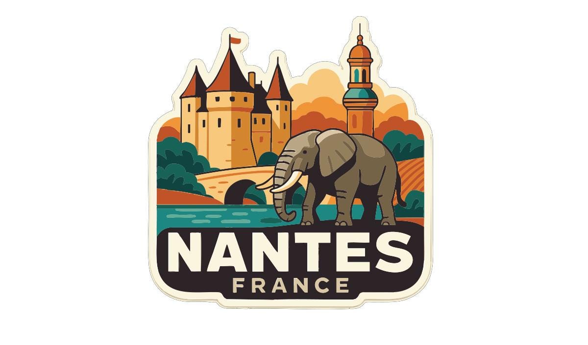 an elephant standing in front of a castle, with the text "NANTES FRANCE" prominently displayed.