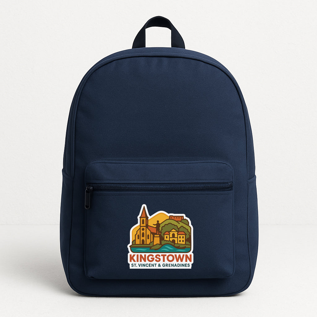 A navy blue backpack with a graphic of a town and the text "KINGSTOWN St. Vincent & Grenadines" printed on it.