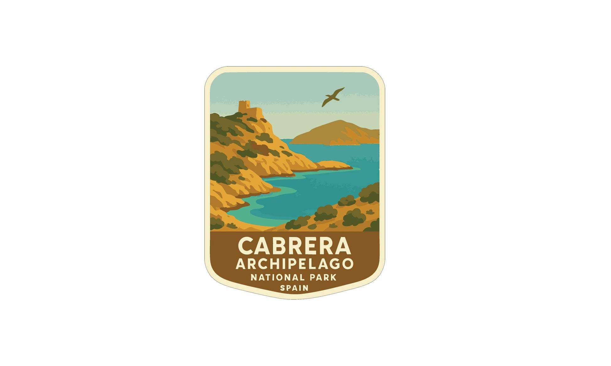 a shield-shaped logo with a coastal landscape and a bird in flight, representing the Cabrera Archipelago National Park in Spain.