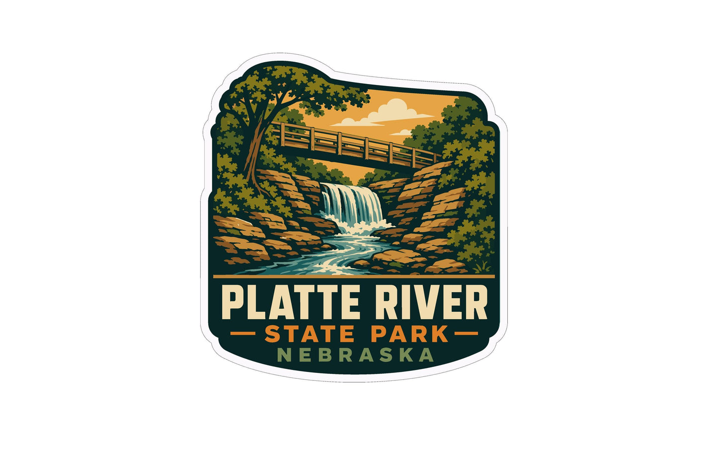 A sticker depicting a scenic view of the Platte River in Platte River State Park, Nebraska.