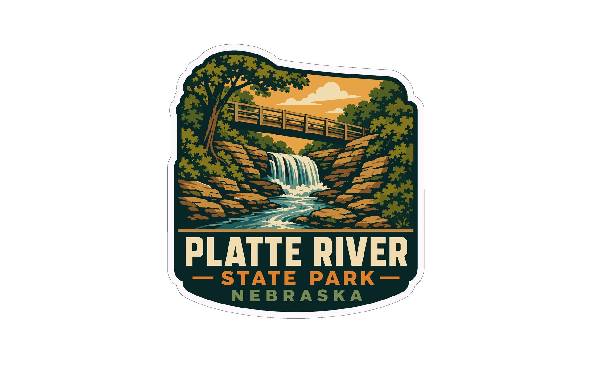 A sticker depicting a scenic view of the Platte River in Platte River State Park, Nebraska.