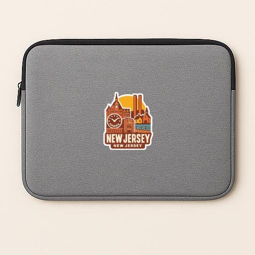 A gray laptop sleeve with a New Jersey-themed graphic sticker on it.