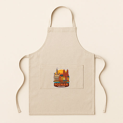 A beige apricot with a graphic of a city skyline on the front pocket.