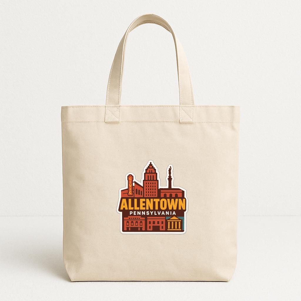 A beige tote bag with a graphic design featuring the text "ALLENTOWN PENNSYLVANIA" and an illustration of a city skyline.
