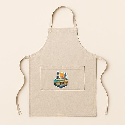 A beige apricot with a graphic design on the front pocket, featuring a lighthouse, palm tree, and sunset.