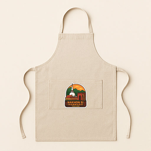 A beige apricot with a graphic design on the front pocket, featuring a temple and mountains.