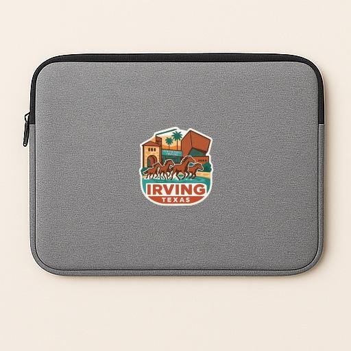 A gray laptop sleeve with a colorful graphic of a horse and carriage logo, representing the city of Irving, Texas.