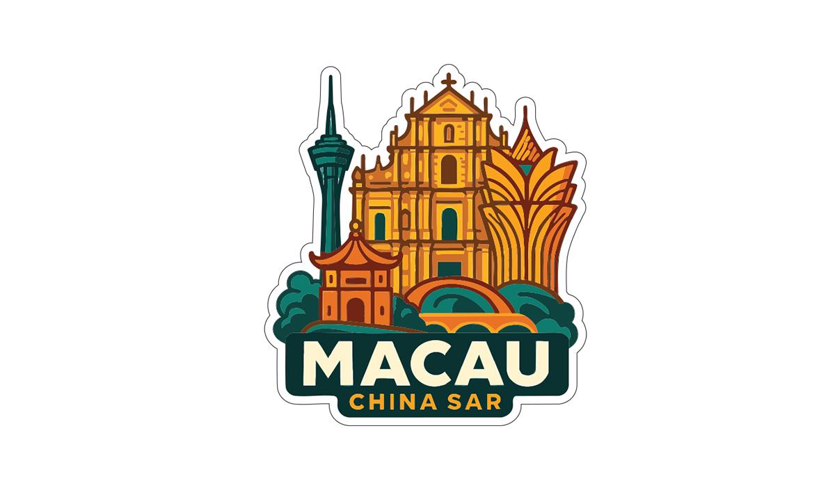a sticker or logo depicting the Macau skyline, including the iconic Macau Tower and other notable landmarks.