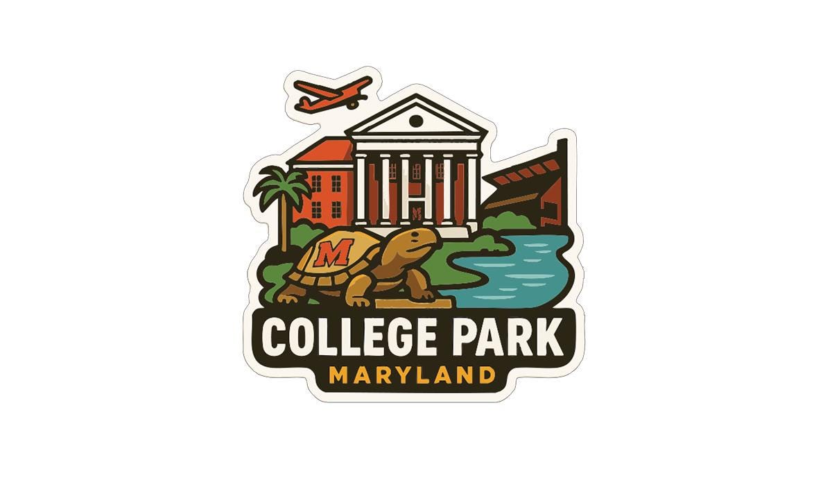 The image is a sticker or emblem featuring a college park in Maryland, with various elements such as a building, a plane, a turtle, and a river.
