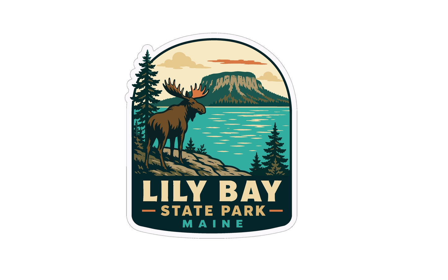 A sticker or emblem featuring a moose standing on a rocky shoreline with a mountain in the background, surrounded by pine trees and a lake.