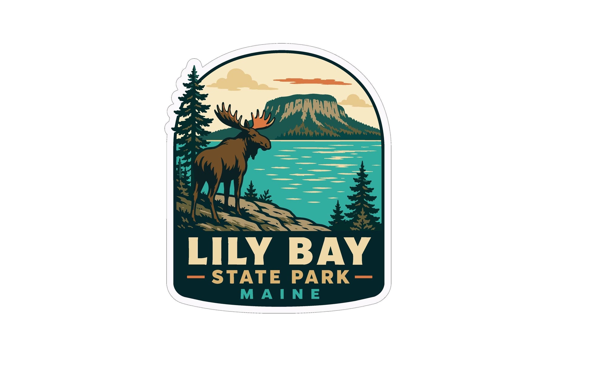 A sticker or emblem featuring a moose standing on a rocky shoreline with a mountain in the background, surrounded by pine trees and a lake.